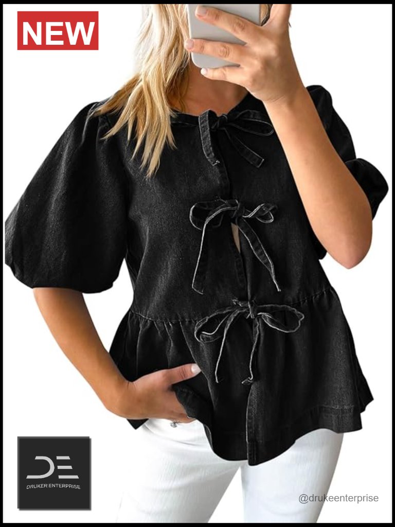 Womens Denim Tie Front Babydoll Peplum Puff Sleeve Jean Blouse